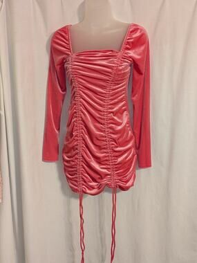 Wild Fable Women's Long Sleeve Ruched Velvet Bodycon Dress Shiny Pink Sz XS